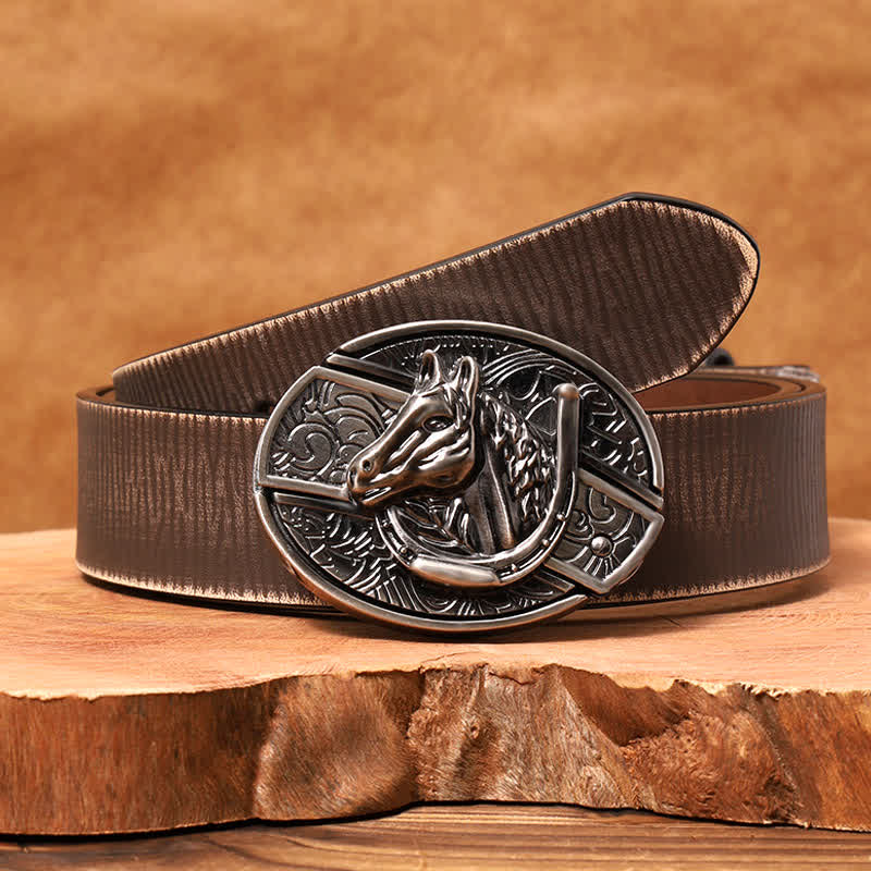 Ceinture en cuir pour homme avec couteau pliant caché en forme de tête de cheval - Tête de cheval - Ceinture marron vieillie - 42 - image 10