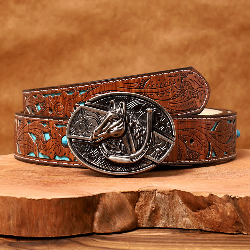 Ceinture en cuir pour homme avec couteau pliant caché en forme de tête de cheval - Tête de cheval - Ceinture sculptée en turquoise - 42 - image 7