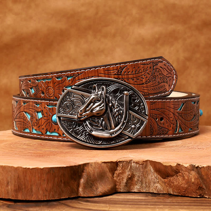 Ceinture en cuir pour homme avec couteau pliant caché en forme de tête de cheval - Tête de cheval - Ceinture sculptée en turquoise - 42 - image 7