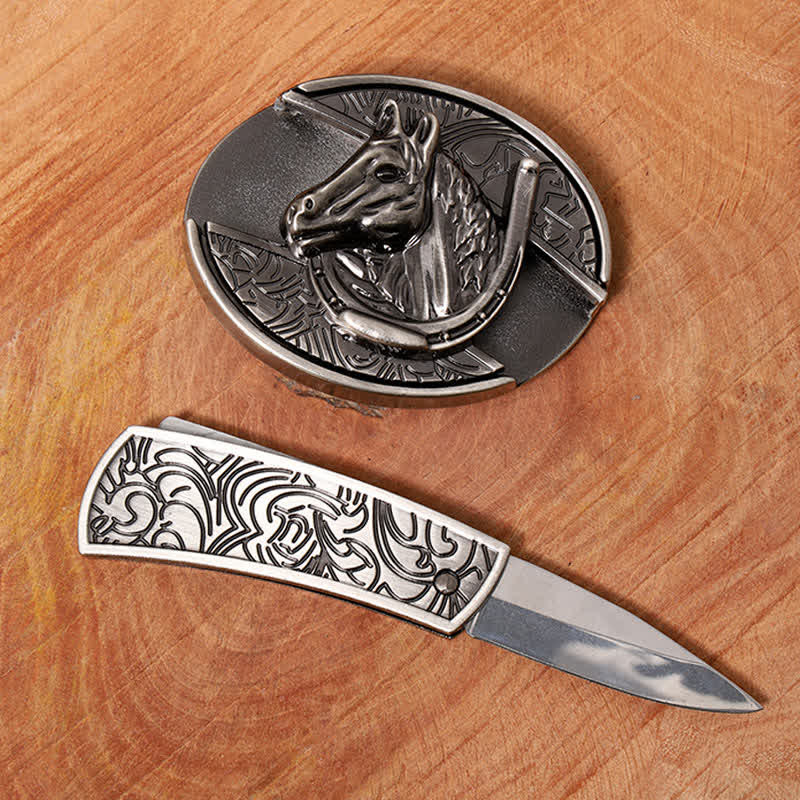 Ceinture en cuir pour homme avec couteau pliant caché en forme de tête de cheval