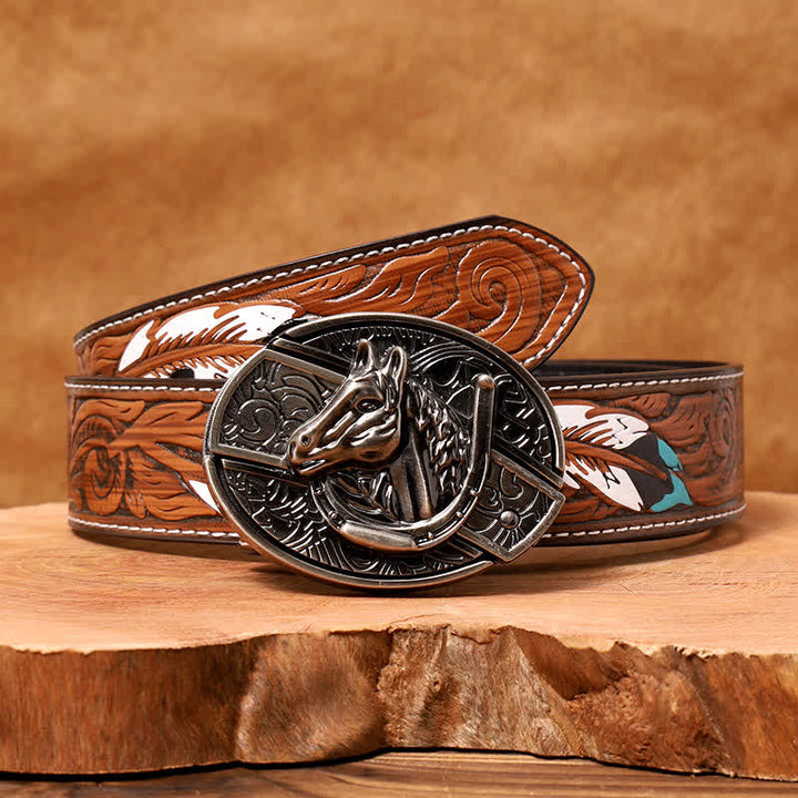 Ceinture en cuir pour homme avec couteau pliant caché en forme de tête de cheval - Tête de cheval - Ceinture à plumes marron - 40 - image 11