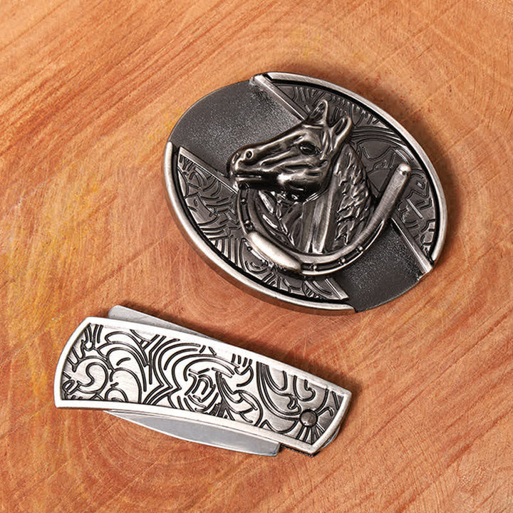 Ceinture en cuir pour homme avec couteau pliant caché en forme de tête de cheval
