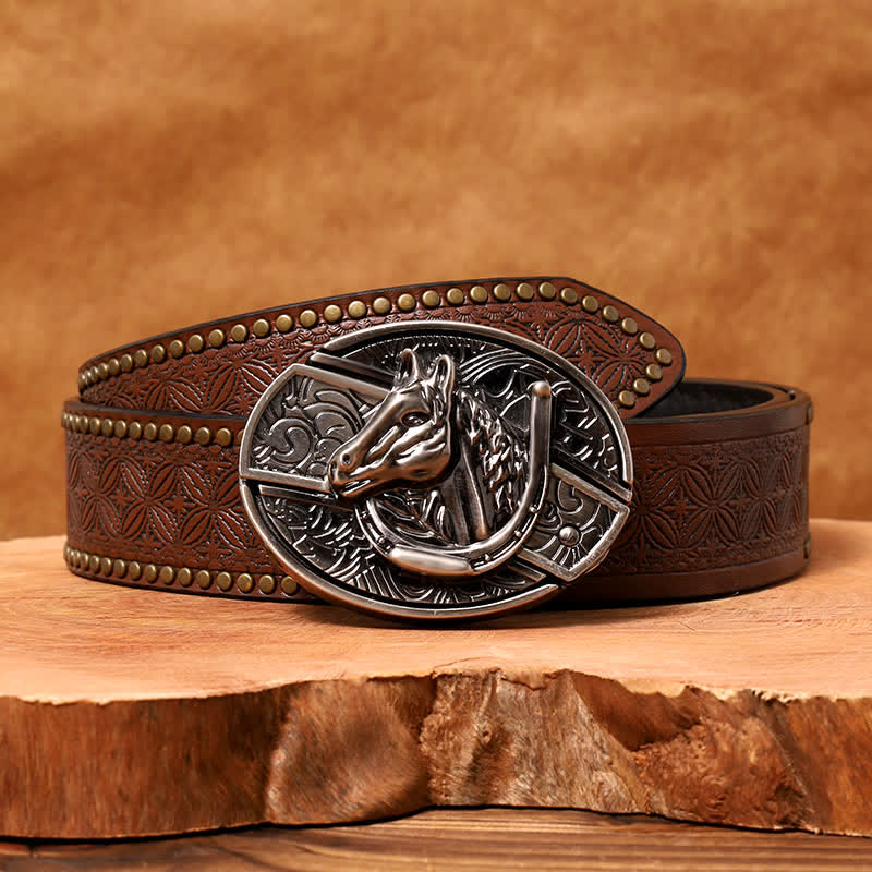Ceinture en cuir pour homme avec couteau pliant caché en forme de tête de cheval - Tête de cheval - Ceinture à rivets marron - 42 - image 9