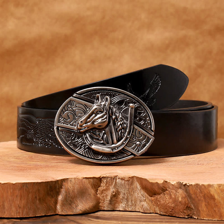 Ceinture en cuir pour homme avec couteau pliant caché en forme de tête de cheval - Tête de cheval - Ceinture noire avec aigle en relief - 42 - image 8