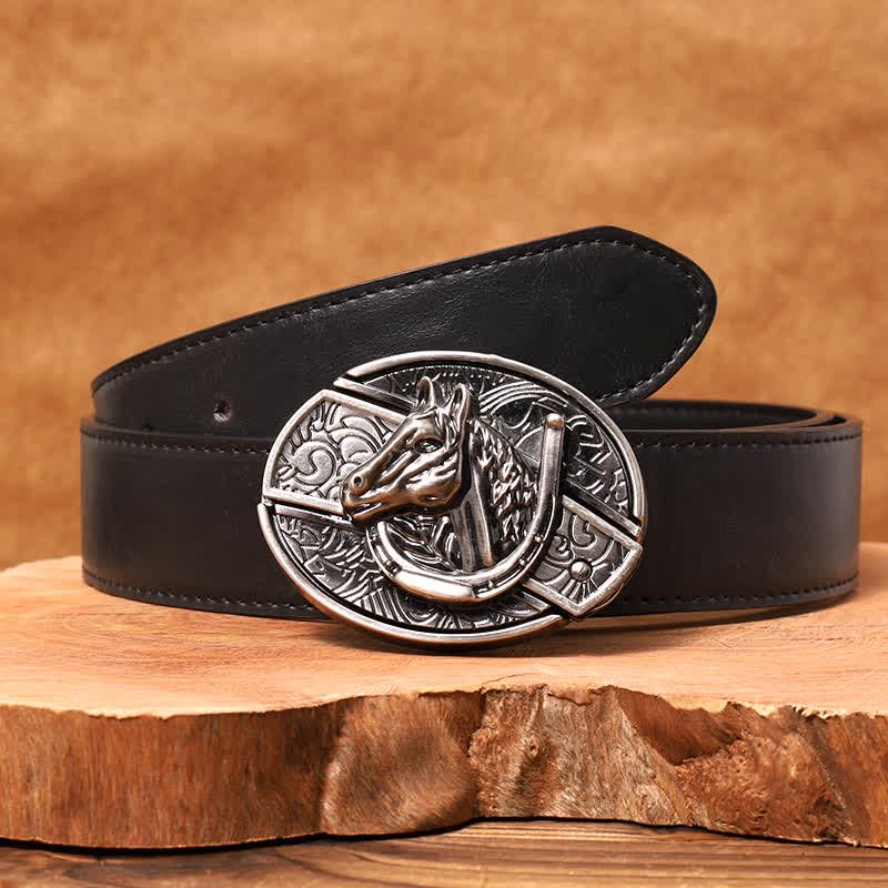 Ceinture en cuir pour homme avec couteau pliant caché en forme de tête de cheval - Tête de cheval - Ceinture en PU noir - 42 - image 6