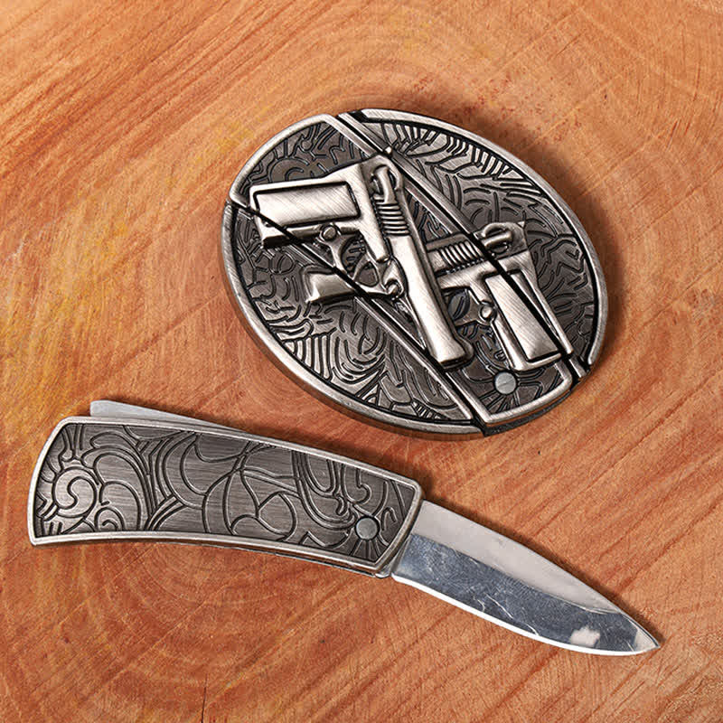 Ceinture en cuir pour homme avec couteau pliant dissimulé à double pistolet