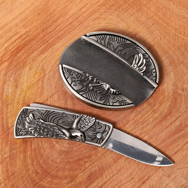 Ceinture en cuir pour homme avec couteau pliant caché « Soaring Eagle »