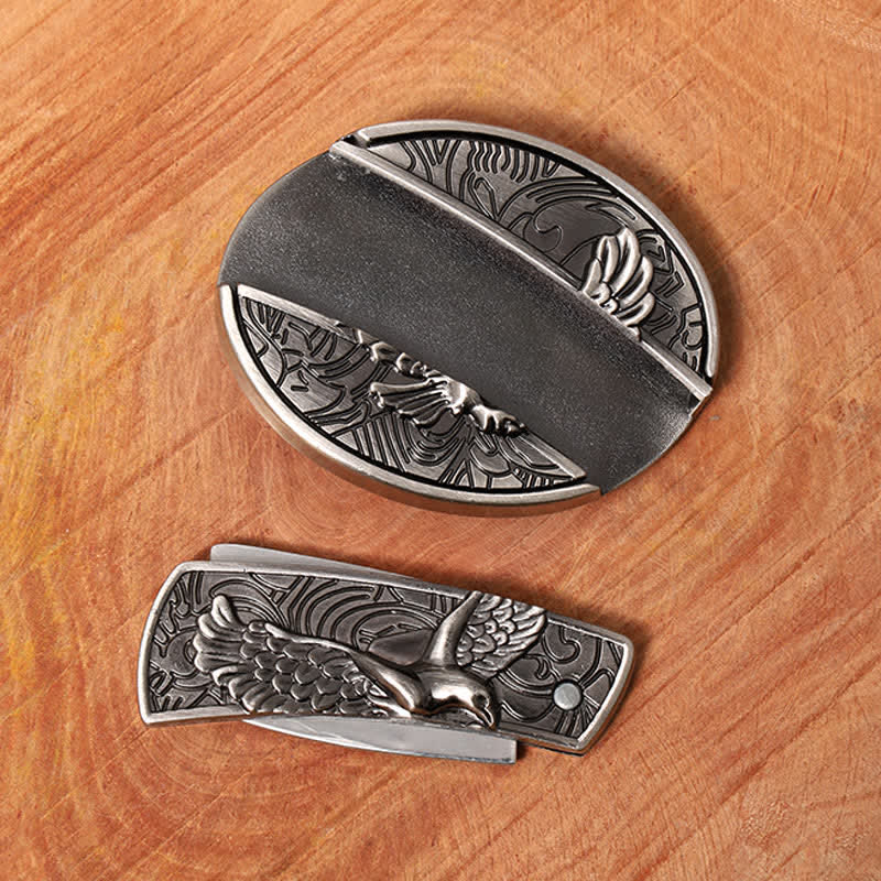 Ceinture en cuir pour homme avec couteau pliant caché « Soaring Eagle »