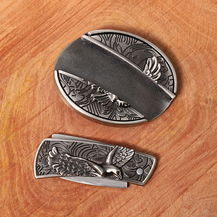 Ceinture en cuir pour homme avec couteau pliant caché « Soaring Eagle »