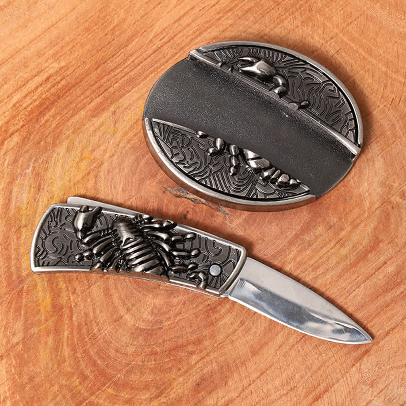 Ceinture en cuir pour homme avec couteau pliant caché en forme de scorpion