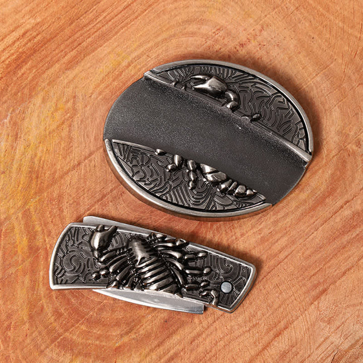 Ceinture en cuir pour homme avec couteau pliant caché en forme de scorpion
