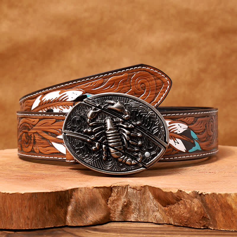 Ceinture en cuir pour homme avec couteau pliant caché en forme de scorpion - Scorpion - Ceinture à plumes marron - 40 - image 10