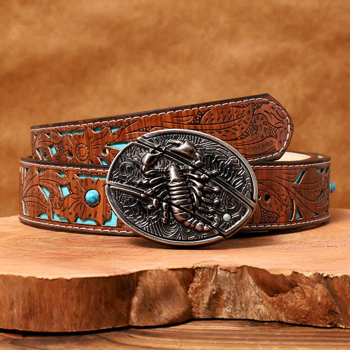 Ceinture en cuir pour homme avec couteau pliant caché en forme de scorpion - Scorpion - Ceinture sculptée en turquoise - 42 - image 7