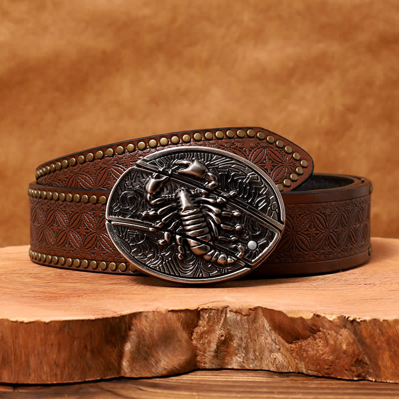 Ceinture en cuir pour homme avec couteau pliant caché en forme de scorpion - Scorpion - Ceinture à rivets marron - 42 - image 8