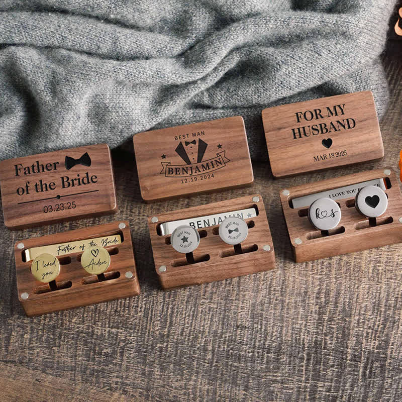 1 paire de boutons de manchette et de pince à cravate en métal avec nom personnalisé