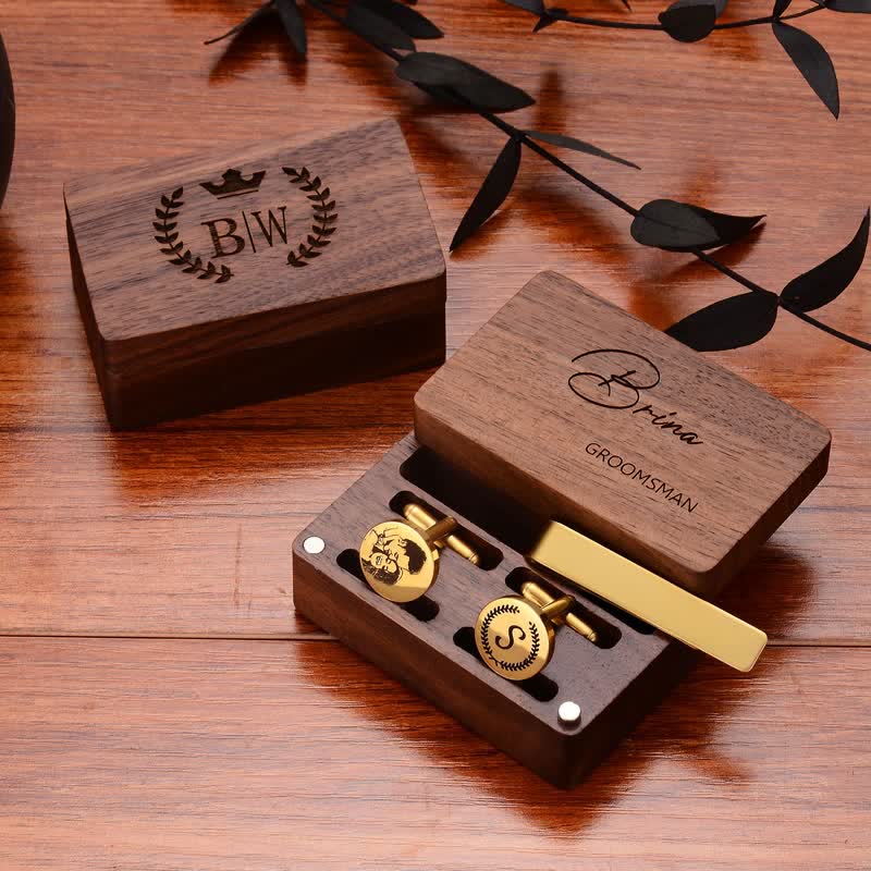 1 paire de boutons de manchette et de pince à cravate en métal avec nom personnalisé