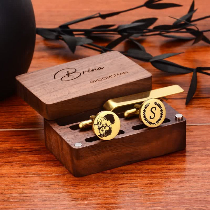 1 paire de boutons de manchette et de pince à cravate en métal avec nom personnalisé