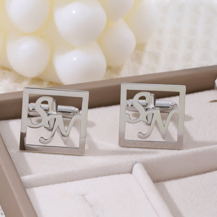 1 paire de boutons de manchette carrés personnalisés avec lettres creuses - Argent - image 3