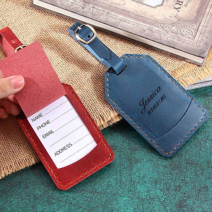 Étiquette de bagage rétro unilatérale en cuir de vachette avec texte personnalisé