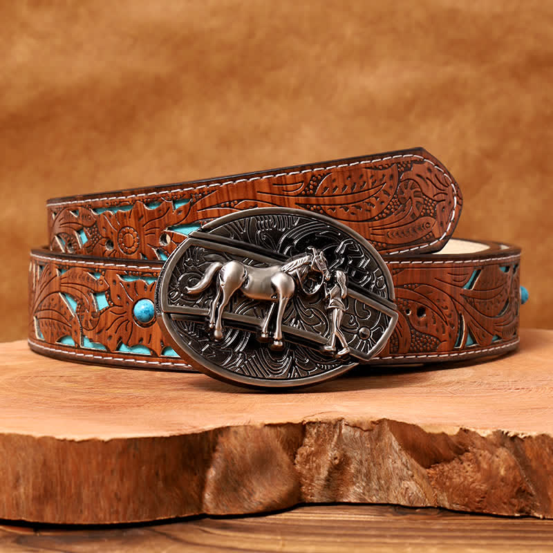 Ceinture en cuir pour homme avec couteau pliant caché style cowgirl - Cow-girl - Ceinture sculptée en turquoise - 42 - image 5