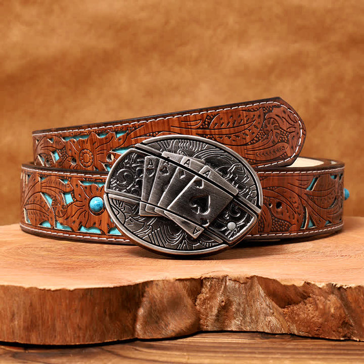 Ceinture en cuir pour homme avec couteau pliant caché Poker 4 Ace - Poker 4 As - Ceinture sculptée en turquoise - 42 - image 6