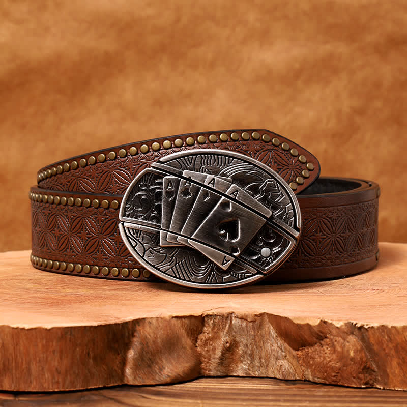 Ceinture en cuir pour homme avec couteau pliant caché Poker 4 Ace - Poker 4 As - Ceinture à rivets marron - 42 - image 9