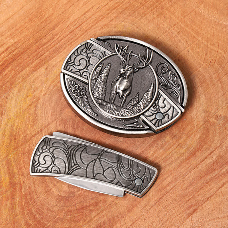 Ceinture en cuir pour homme avec couteau pliant caché en forme de cerf forestier