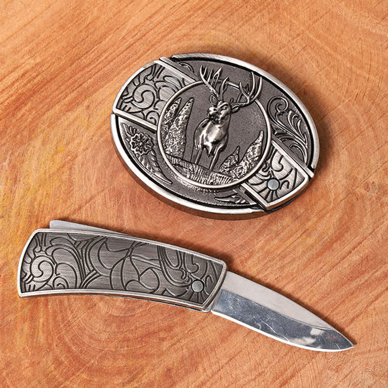 Ceinture en cuir pour homme avec couteau pliant caché en forme de cerf forestier - image 1