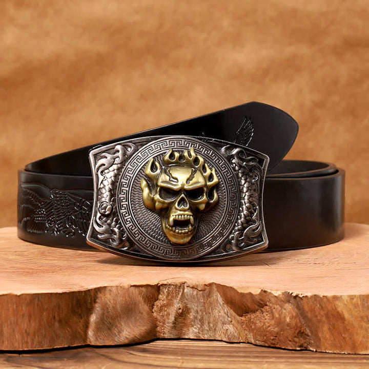 Ceinture en cuir pour homme avec couteau pliant caché et tête de mort en flamme