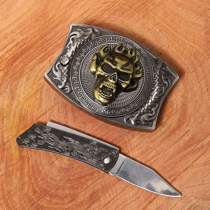 Ceinture en cuir pour homme avec couteau pliant caché et tête de mort en flamme
