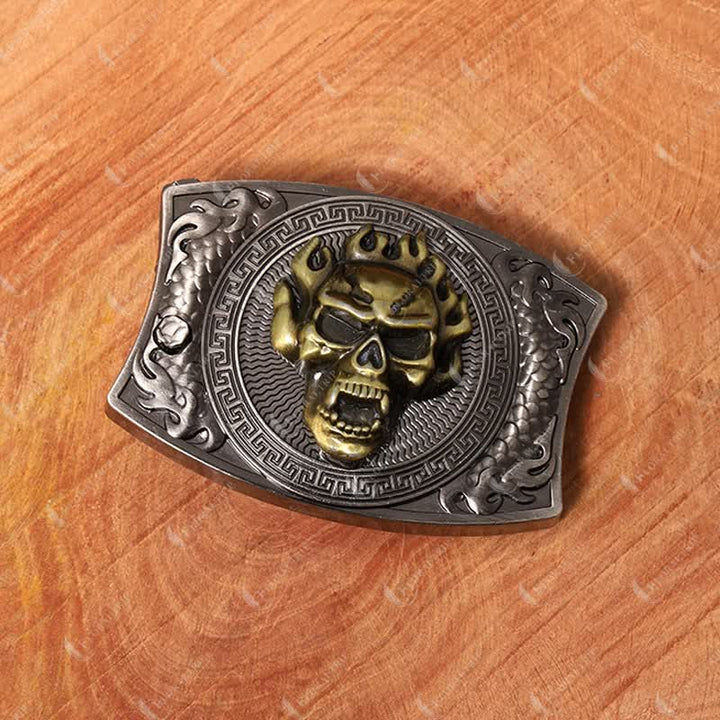 Ceinture en cuir pour homme avec couteau pliant caché et tête de mort en flamme