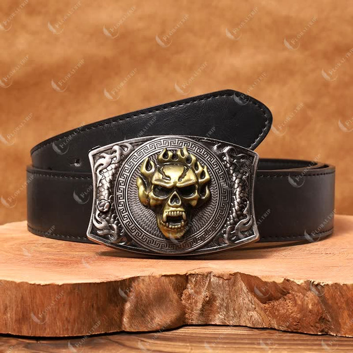 Ceinture en cuir pour homme avec couteau pliant caché et tête de mort en flamme