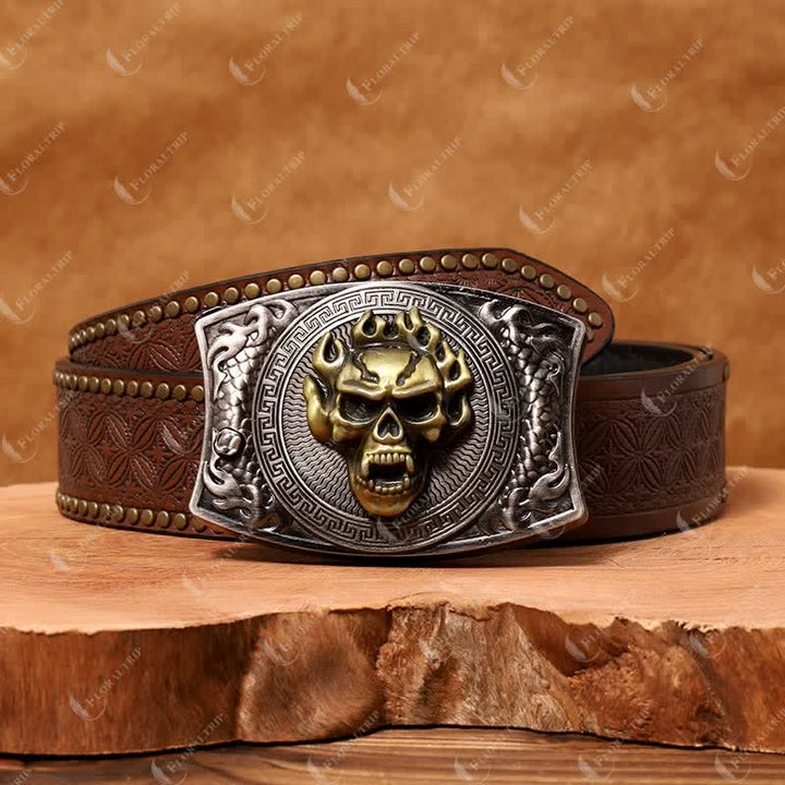 Ceinture en cuir pour homme avec couteau pliant caché et tête de mort en flamme
