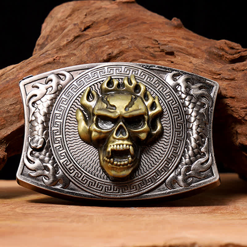 Ceinture en cuir pour homme avec couteau pliant caché et tête de mort en flamme - Crâne de flamme - Sans ceinture - Ceinture non incluse - image 0