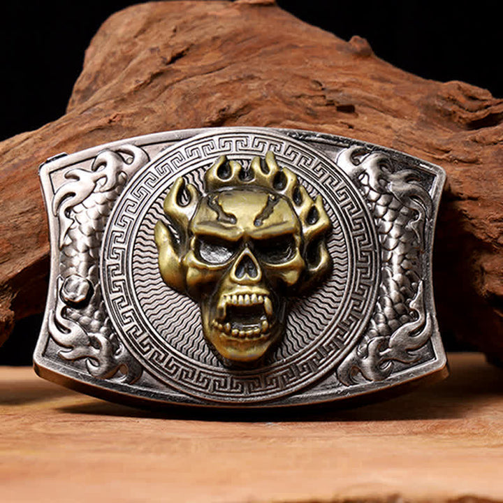 Ceinture en cuir pour homme avec couteau pliant caché et tête de mort en flamme - Crâne de flamme - Sans ceinture - Ceinture non incluse - image 0