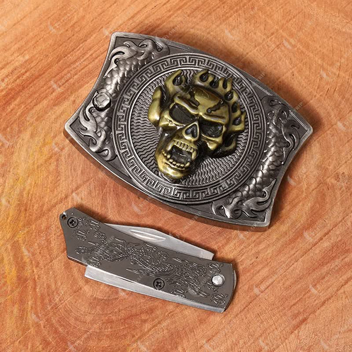 Ceinture en cuir pour homme avec couteau pliant caché et tête de mort en flamme