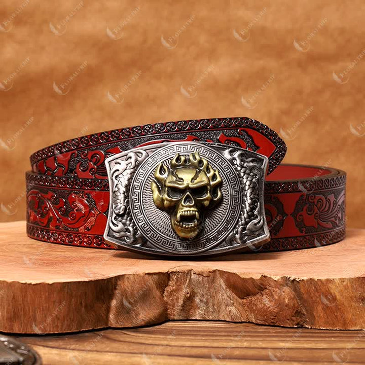 Ceinture en cuir pour homme avec couteau pliant caché et tête de mort en flamme