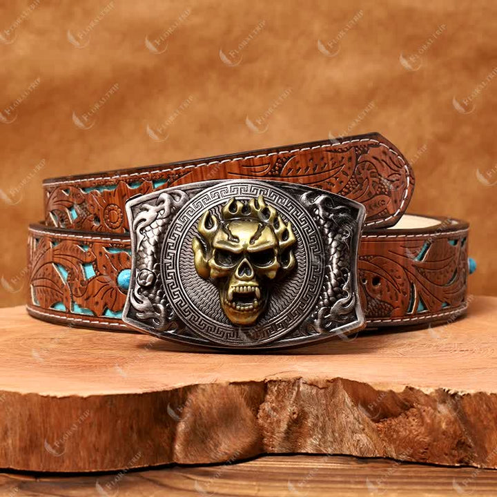 Ceinture en cuir pour homme avec couteau pliant caché et tête de mort en flamme