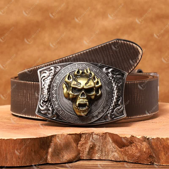 Ceinture en cuir pour homme avec couteau pliant caché et tête de mort en flamme