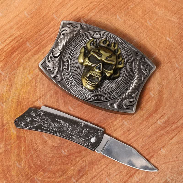 Ceinture en cuir pour homme avec couteau pliant caché et tête de mort en flamme