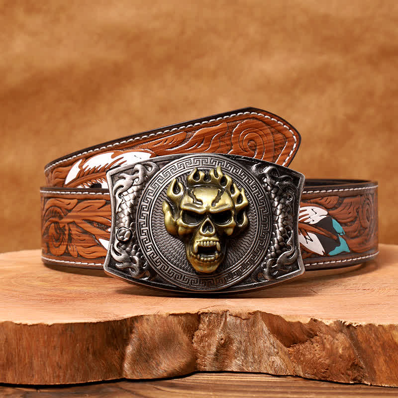 Ceinture en cuir pour homme avec couteau pliant caché et tête de mort en flamme - Crâne de flamme - Ceinture à plumes marron - 40 - image 10