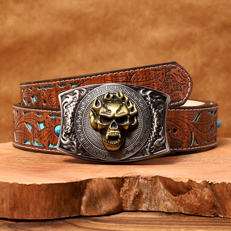 Ceinture en cuir pour homme avec couteau pliant caché et tête de mort en flamme