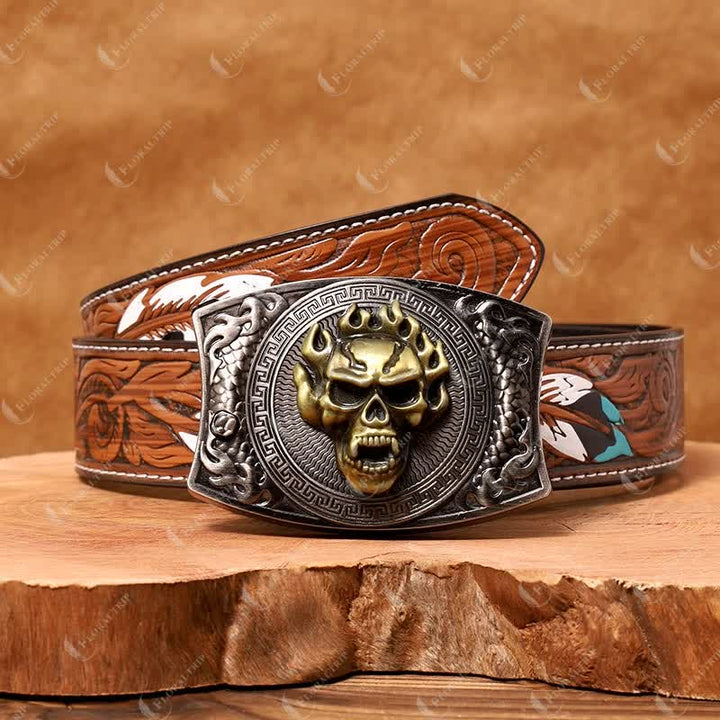 Ceinture en cuir pour homme avec couteau pliant caché et tête de mort en flamme