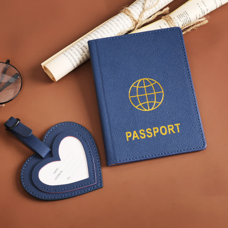 Lot de 2 étuis de passeport de couleur unie et étiquette de bagage en cuir motif cœur