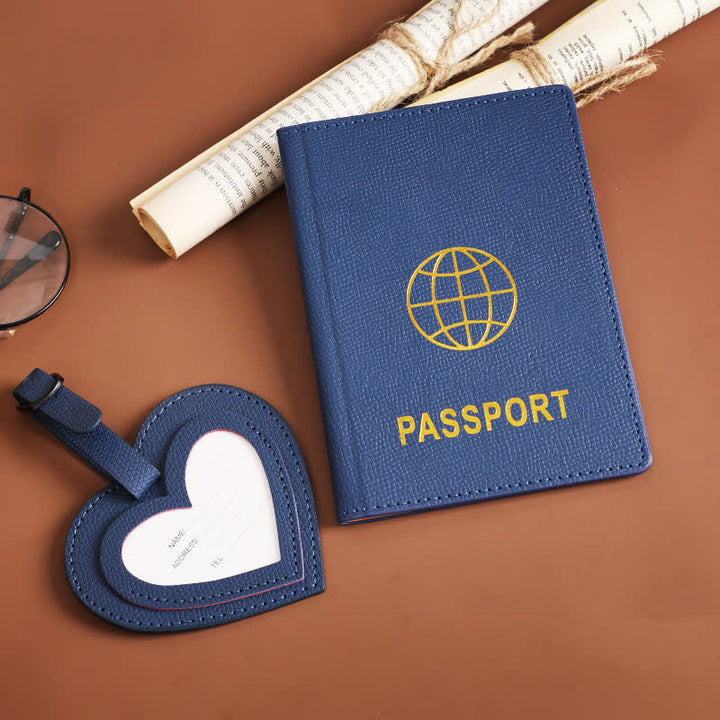 Lot de 2 étuis de passeport de couleur unie et étiquette de bagage en cuir motif cœur