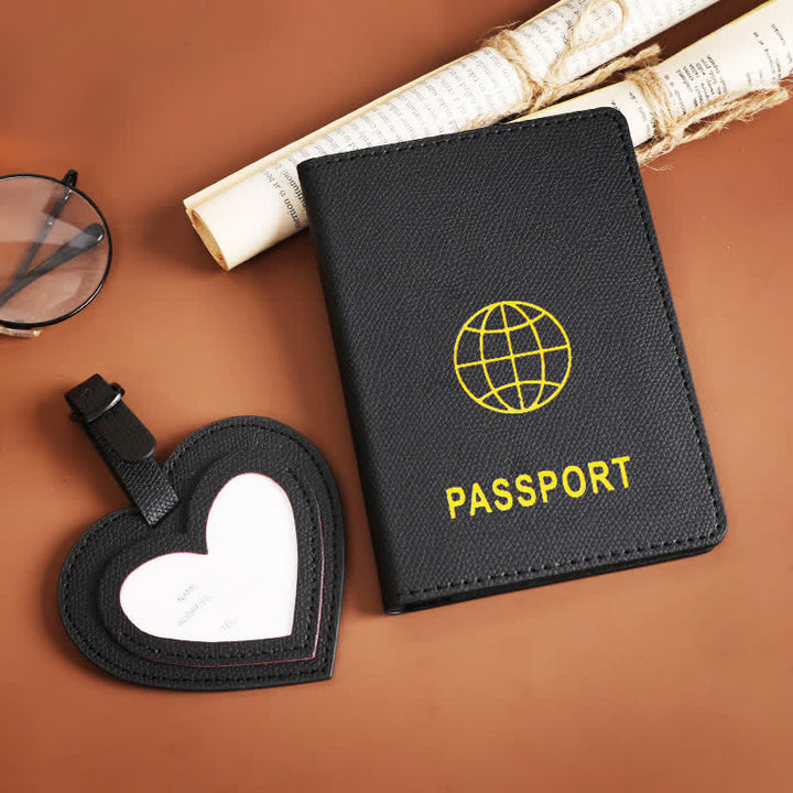 Lot de 2 étuis de passeport de couleur unie et étiquette de bagage en cuir motif cœur