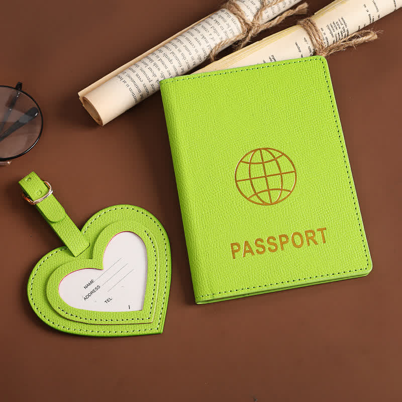 Lot de 2 étuis de passeport de couleur unie et étiquette de bagage en cuir motif cœur