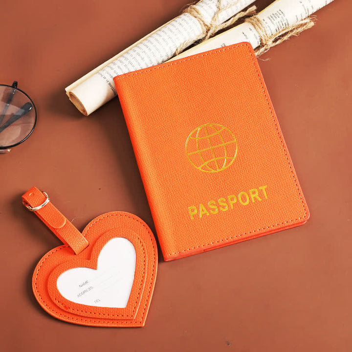 Lot de 2 étuis de passeport de couleur unie et étiquette de bagage en cuir motif cœur