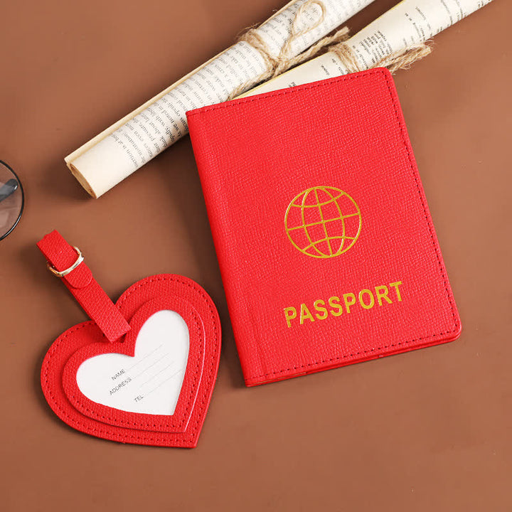 Lot de 2 étuis de passeport de couleur unie et étiquette de bagage en cuir motif cœur