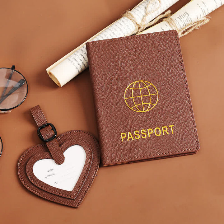 Lot de 2 étuis de passeport de couleur unie et étiquette de bagage en cuir motif cœur